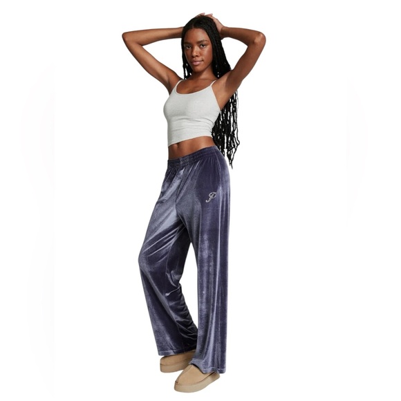 Victoria’s Secret Pink VELOUR SHINE LOGO WIDE LEG PANTS in Blue | Large | NWT - Picture 1 of 5